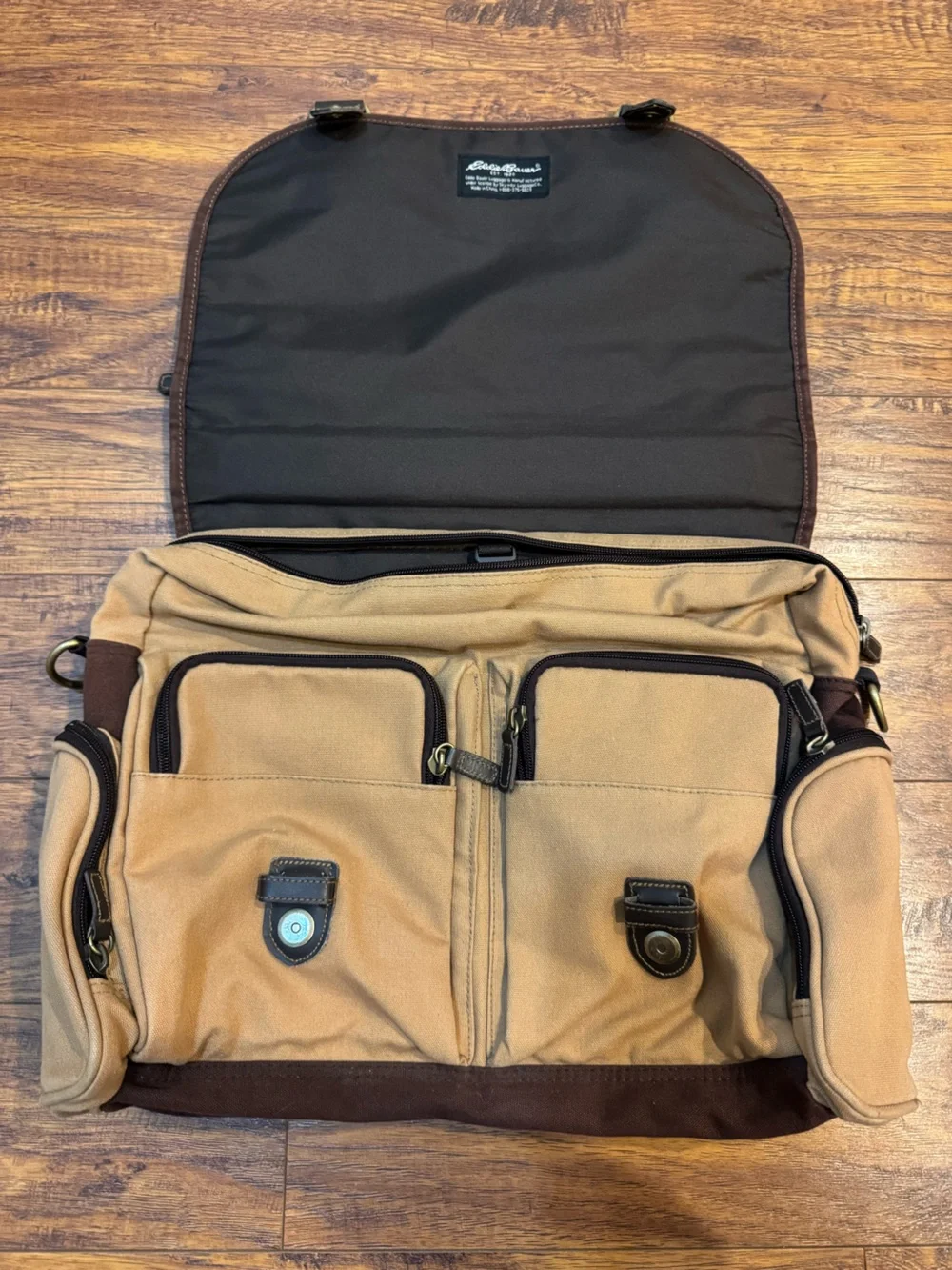 Vintage Eddie Bauer Tan Canvas Laptop Briefcase with Dark Brown Accents